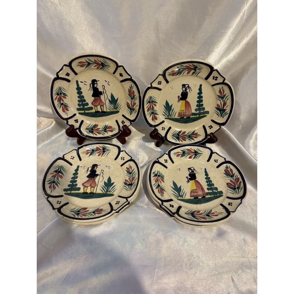 Set 6 3 each Antique Quimper French Pottery Bread Plates Each 5.5" Wide Signed